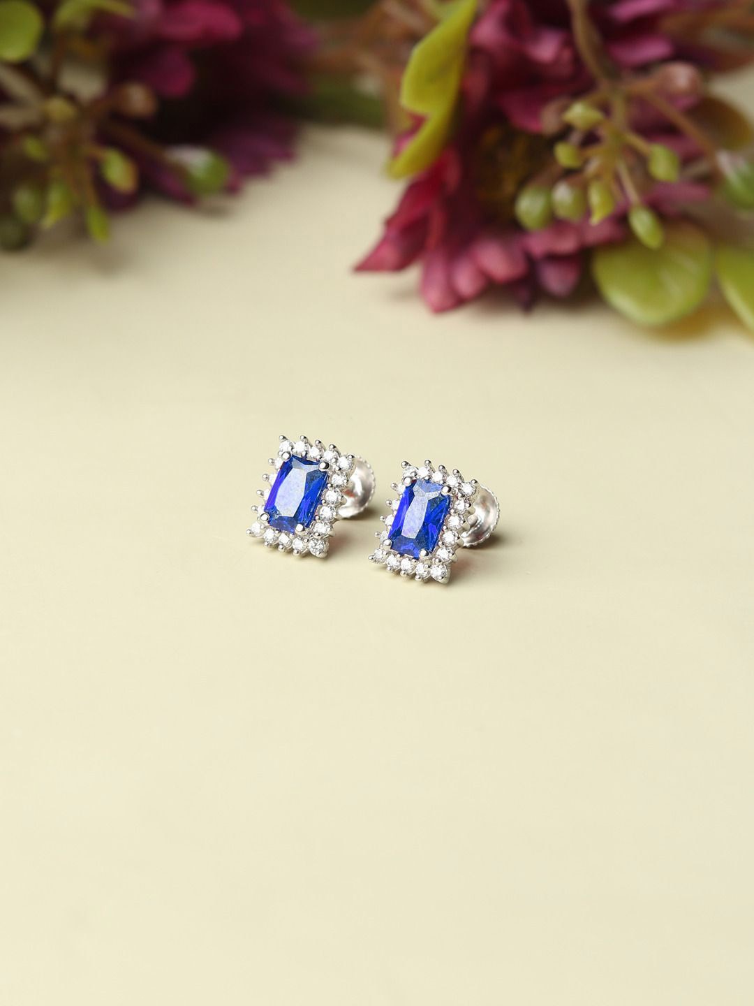 

AKSHAT SAPPHIRE 92.5 Sterling Silver Rhodium-Plated CZ Studded Square Studs Earrings