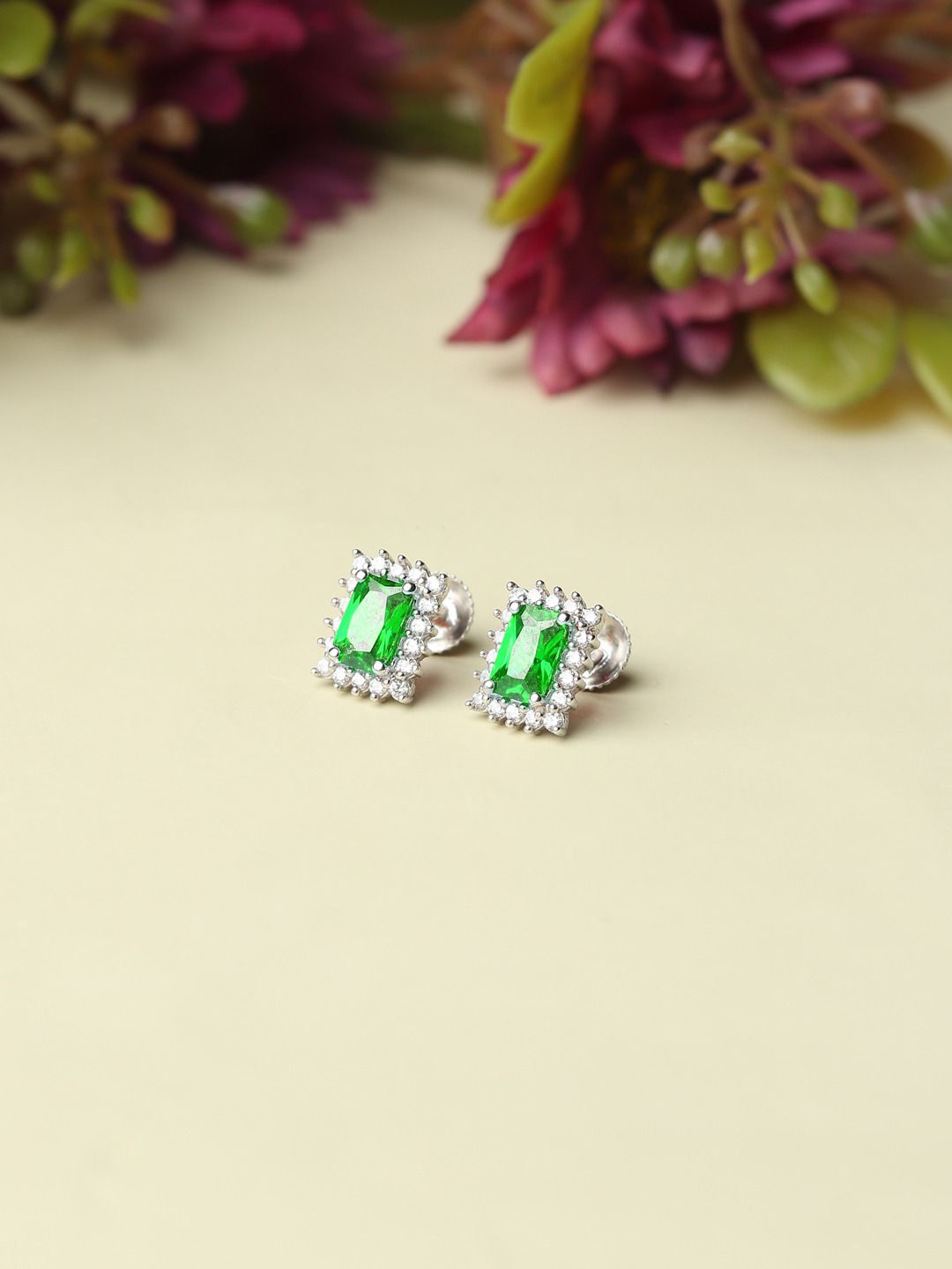 

AKSHAT SAPPHIRE 92.5 Pure Sterling Silver Rhodium-Plated CZ Studded Contemporary Studs, Green