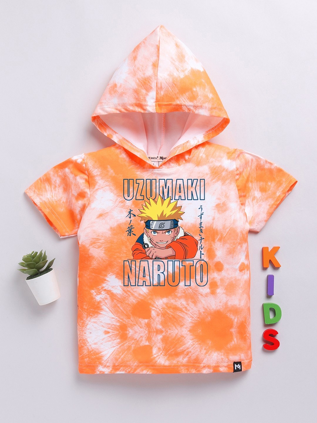 

YK X Minute Mirth Boys Tie & Dye Naruto Printed Cotton Hooded T-shirt, Orange