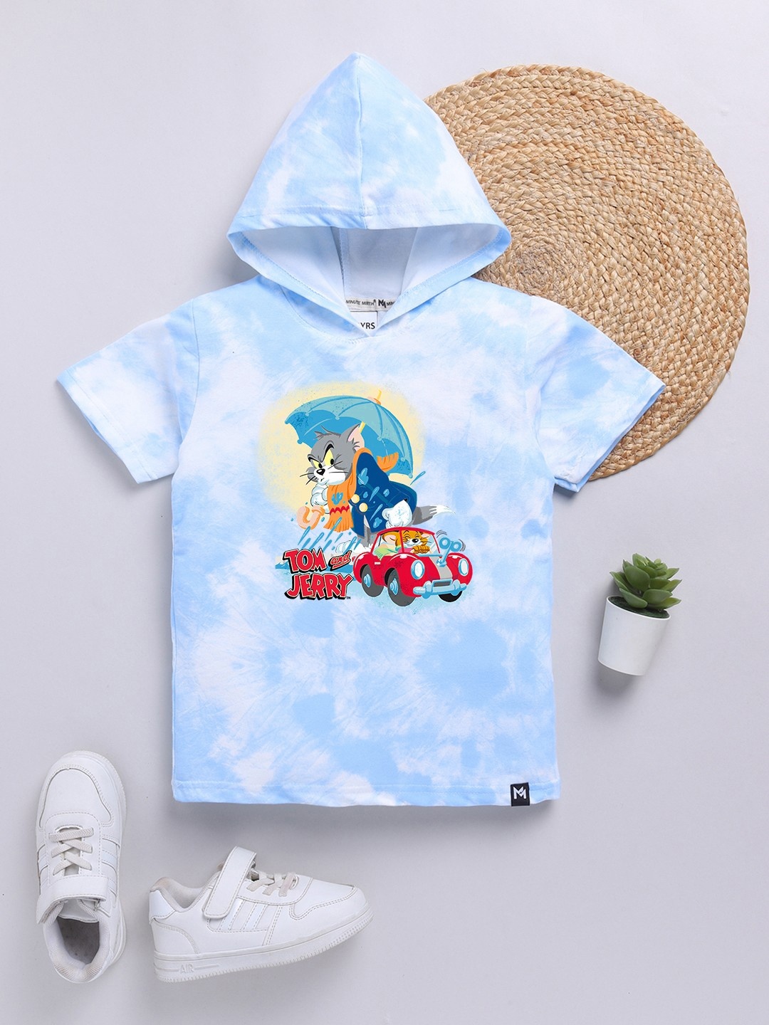 

YK X Minute Mirth Boys Tie & Dye Tom & Jerry Printed Cotton Hooded T-shirt, Blue