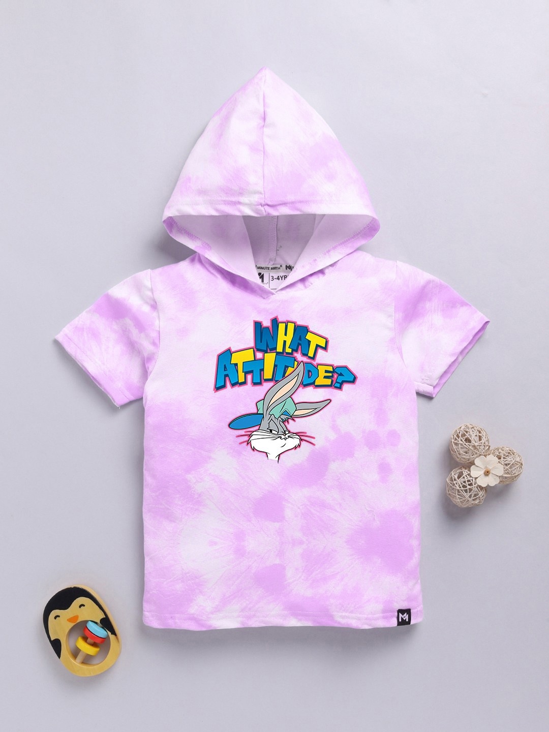 

YK X Minute Mirth Boys Tie & Dye Bugs Bunny Printed Cotton Hooded T-shirt, Lavender