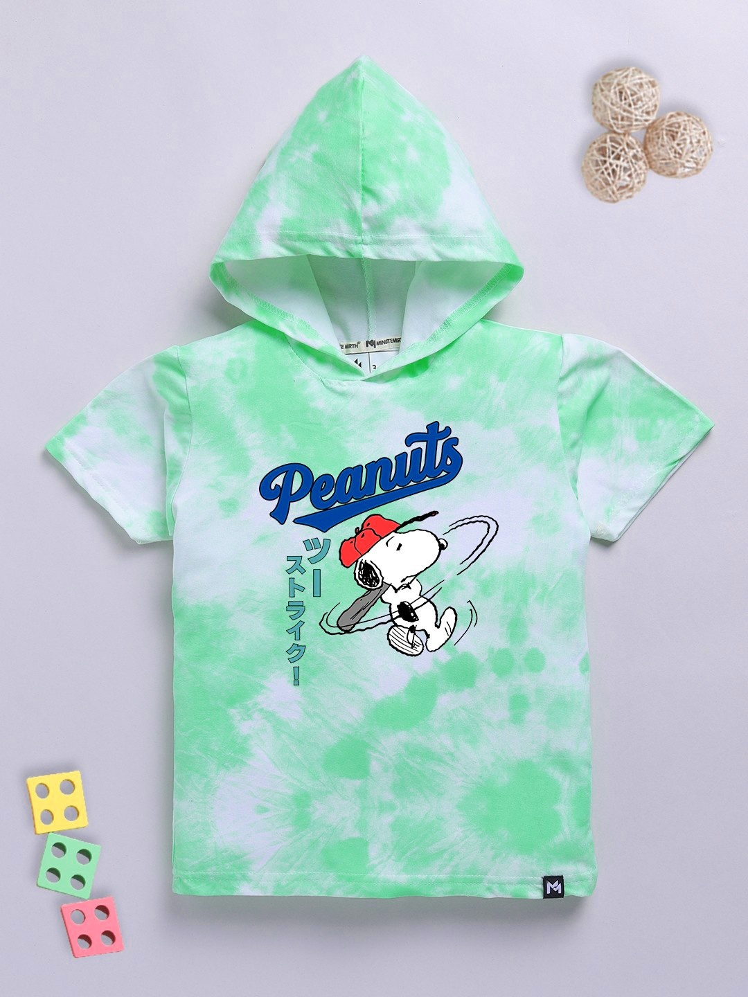 

YK X Minute Mirth Boys Tie & Dye Peanuts Printed Cotton Hooded T-shirt, Green