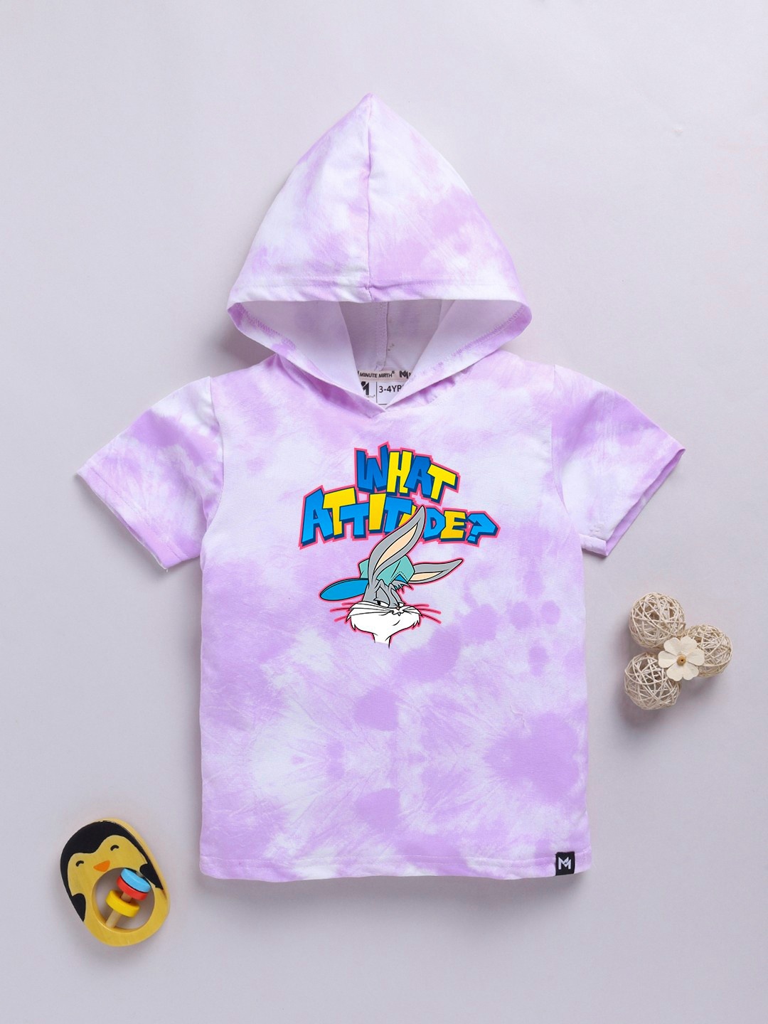 

YK X Minute Mirth Boys Tie & Dye Bugs Bunny Printed Cotton Hooded T-shirt, Lavender