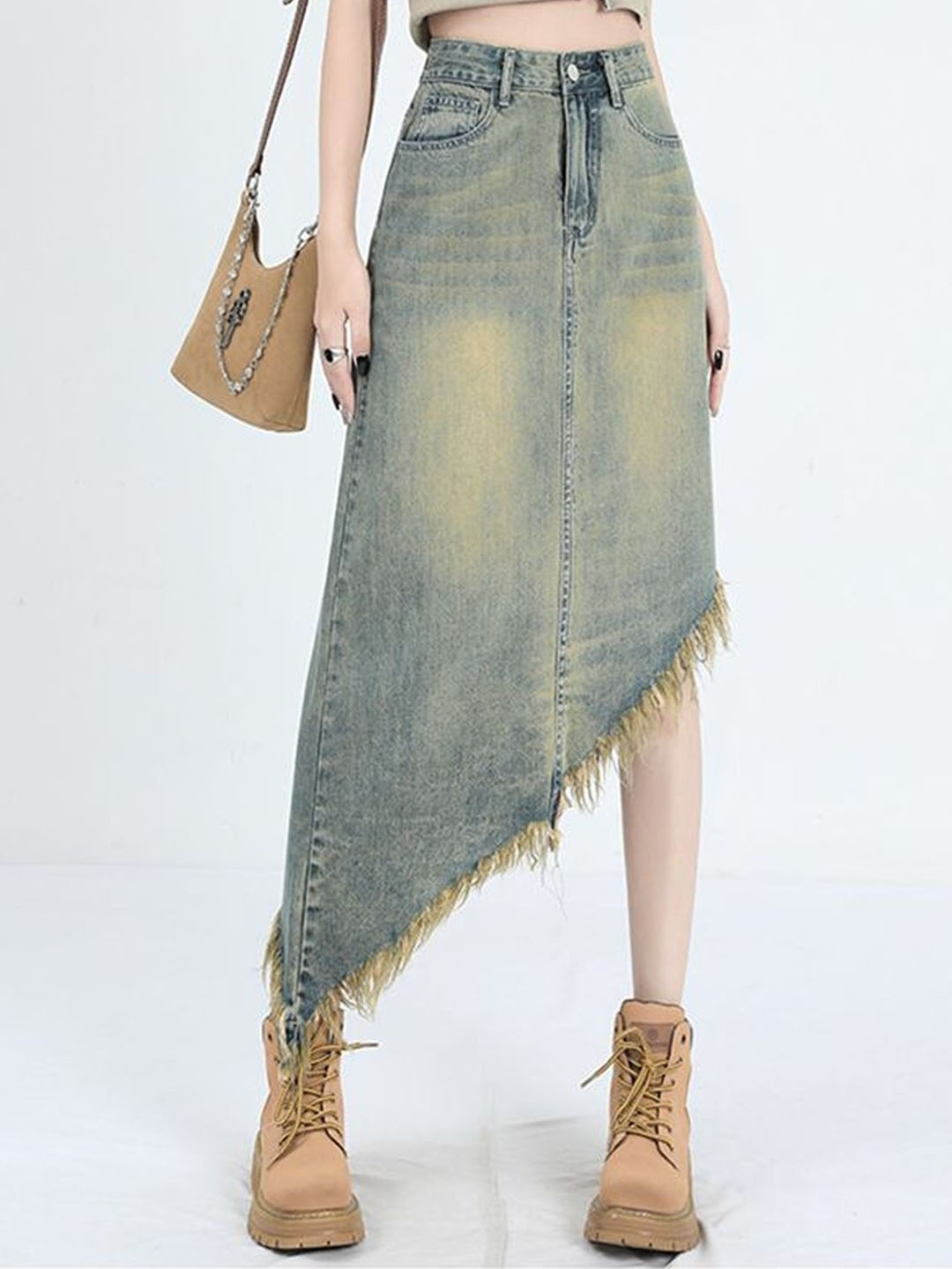 

LULU & SKY Women Pure Cotton Frayed Hem Asymmetric Denim Skirt, Blue