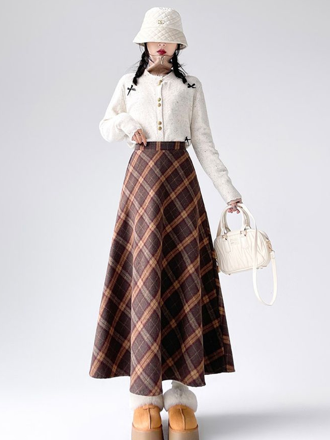

LULU & SKY Women Checked A-line Midi Skirt, Brown