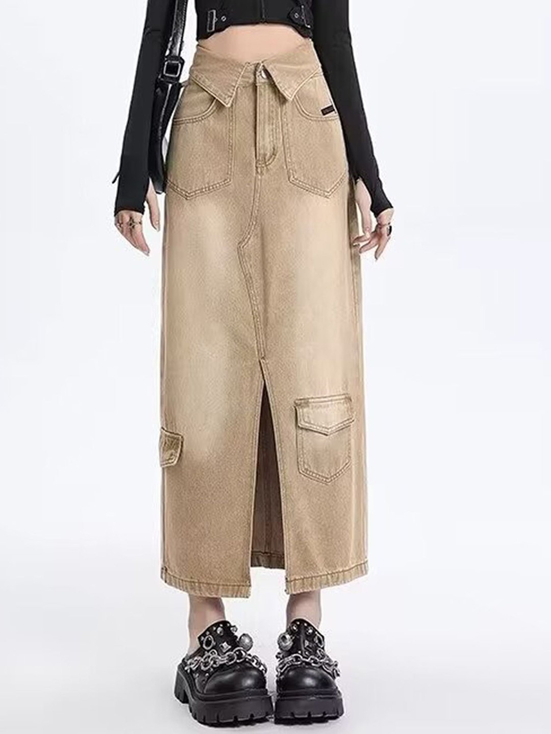 

LULU & SKY Women Flap-over Denim Maxi Skirt, Beige