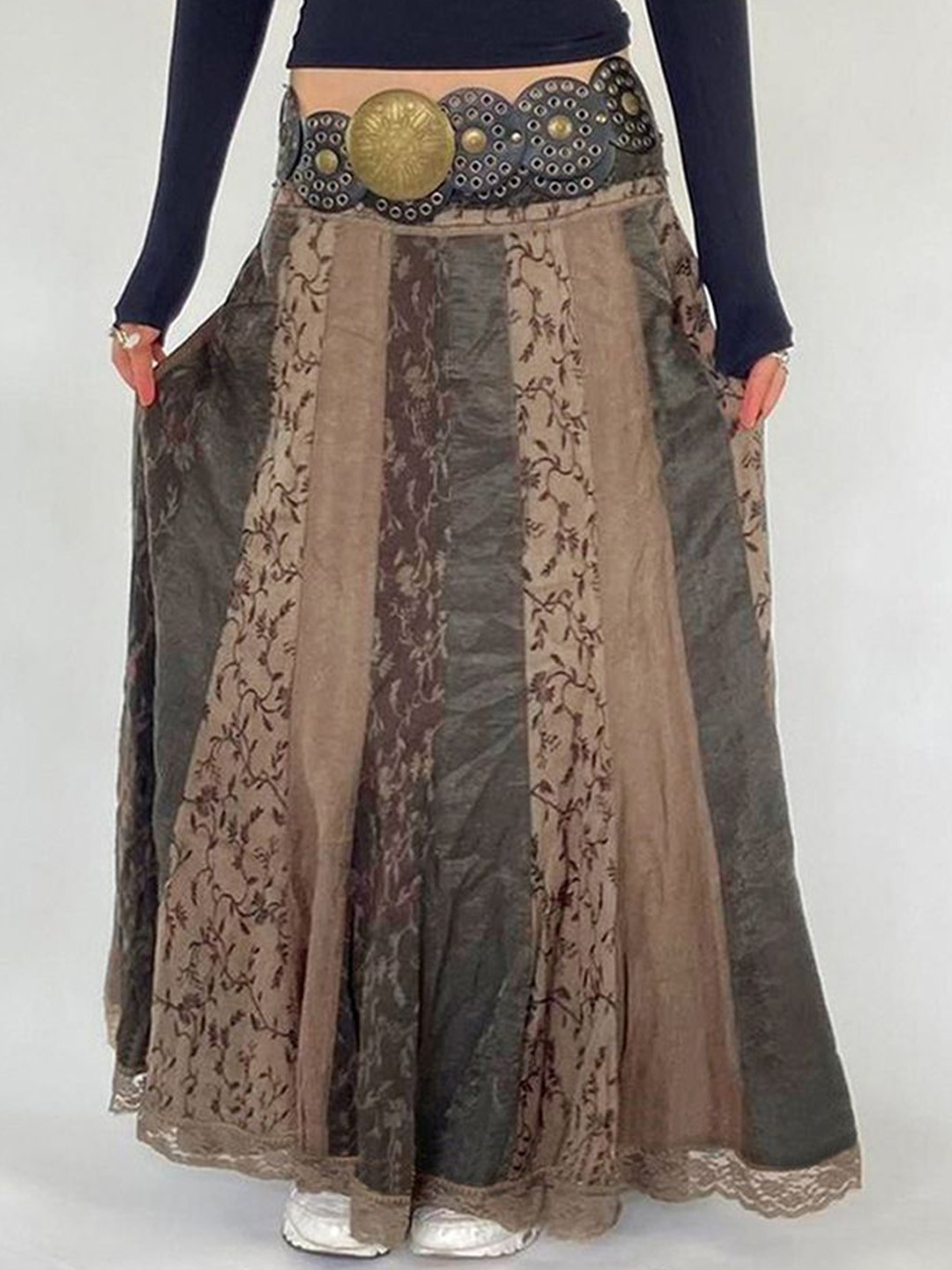 

LULU & SKY Women Printed Patch-work A-line Maxi Skirt, Brown