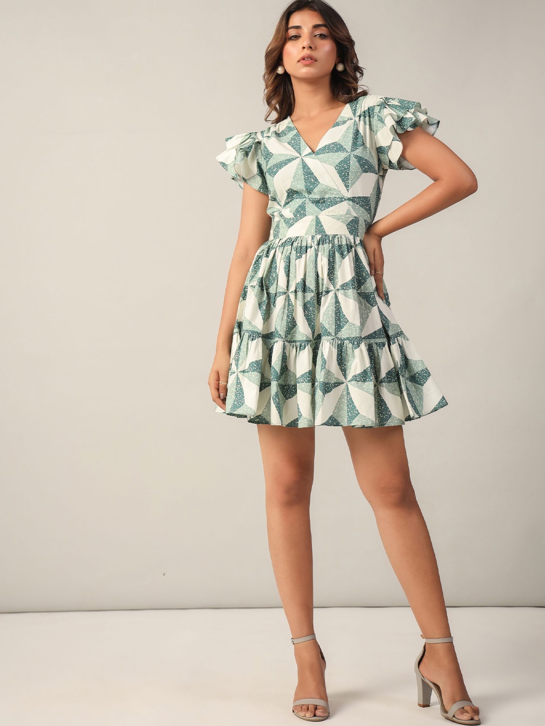 

June 9 Clothing Women Tropical Print Flutter Sleeve Wrap Dress, Teal