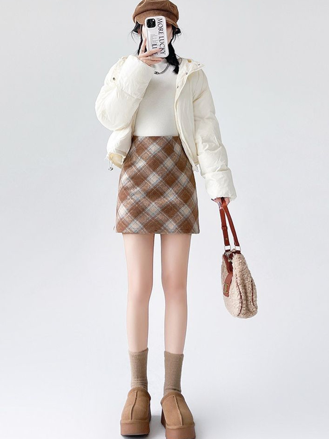 

LULU & SKY Women Checked Knitted Mini Skirt, Brown