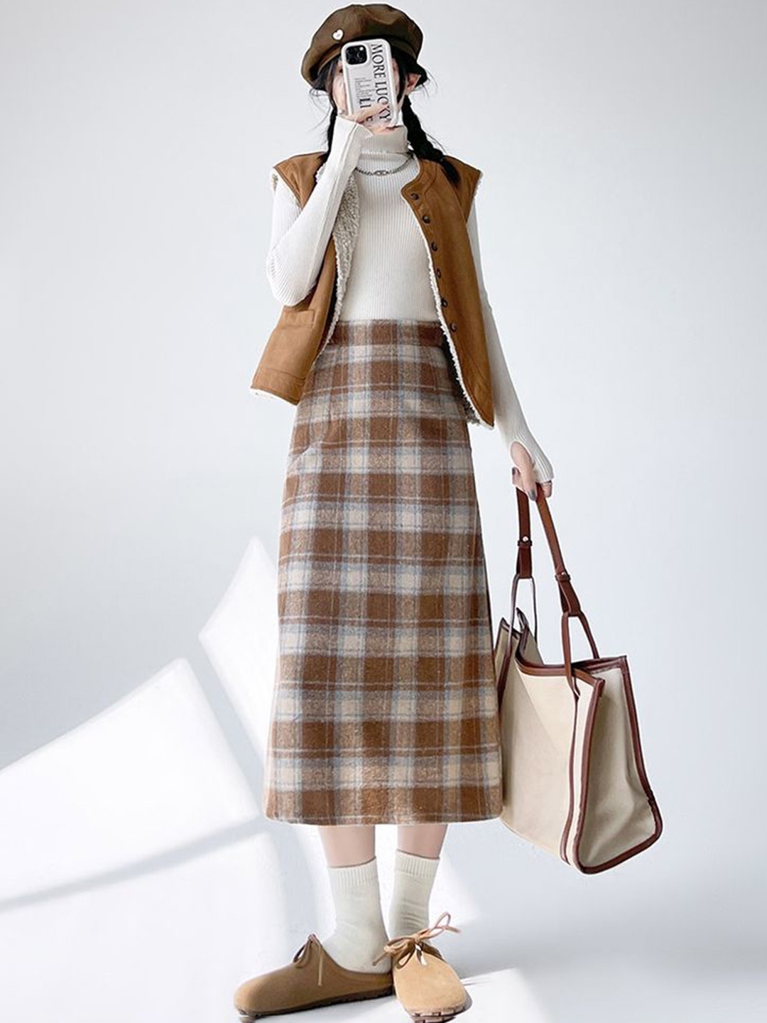 

LULU & SKY Women's Check Pattern A-line Midi Skirt, Brown