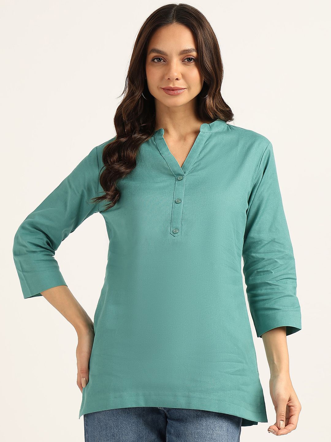 

BLOCKS OF INDIA Mandarin Collar Pure Cotton Kurti, Green