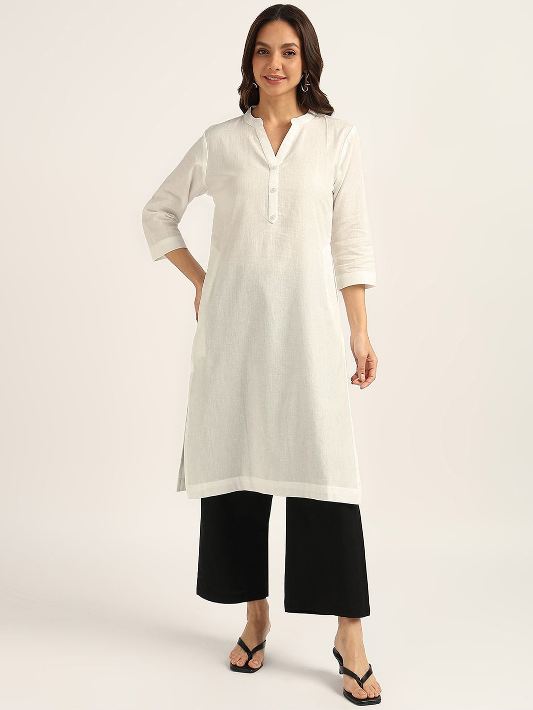 

BLOCKS OF INDIA Mandarin Collar Cotton Straight Kurta, White
