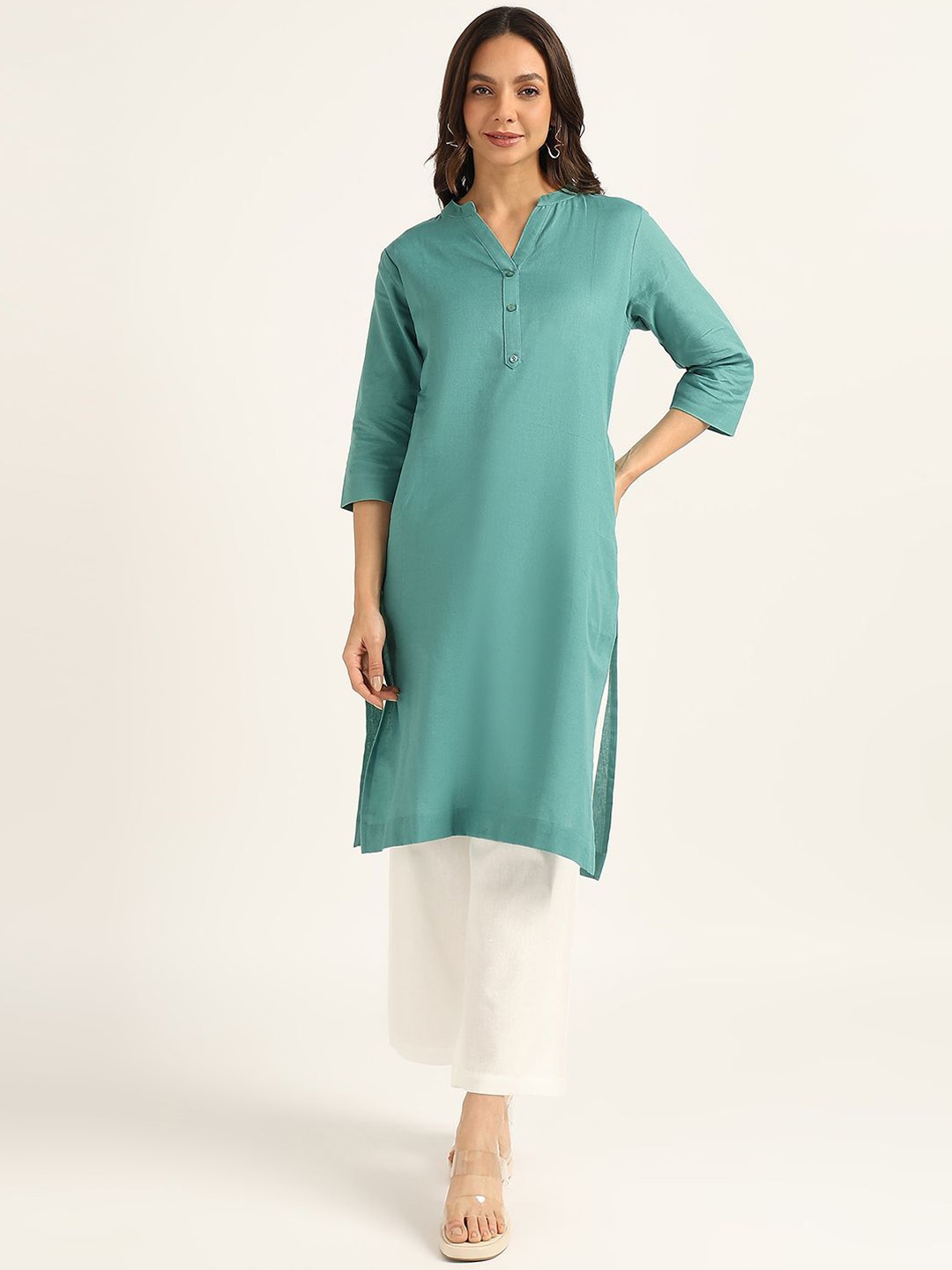 

BLOCKS OF INDIA Mandarin Collar Cotton Straight Kurta, Green