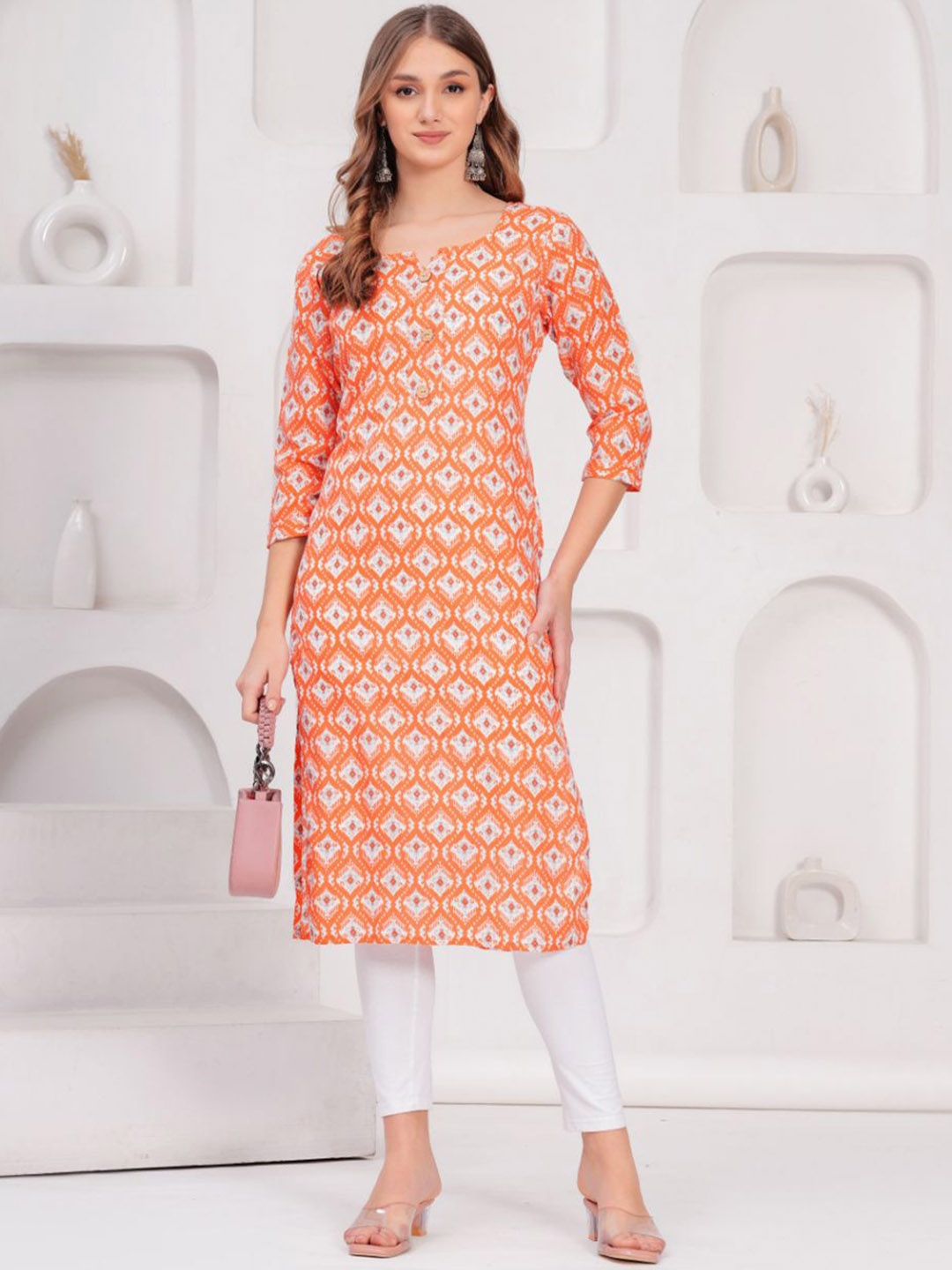 

JC4U Ethnic Motifs Printed Cotton Straight Kurta, Orange