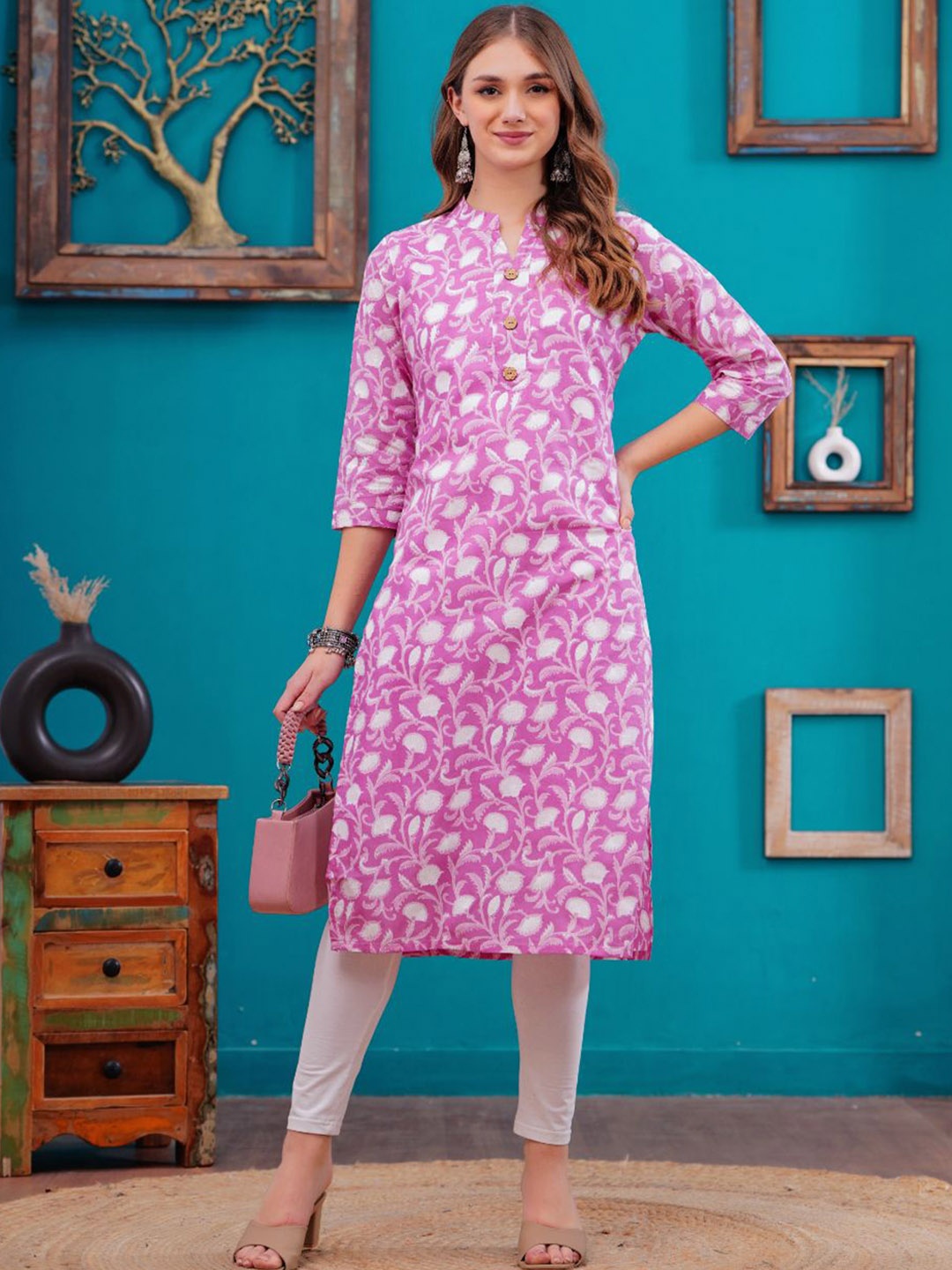 

JC4U Floral Printed Mandarin Collar Cotton Straight Kurta, Pink