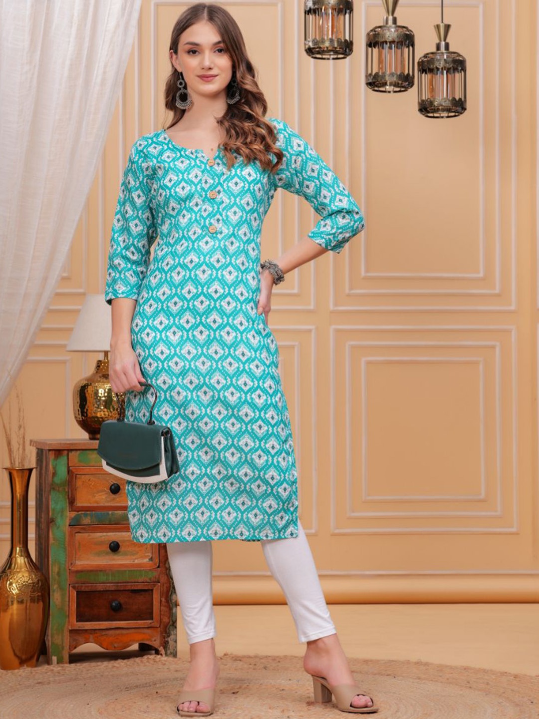 

JC4U Ethnic Motifs Printed Cotton Straight Kurta, Green