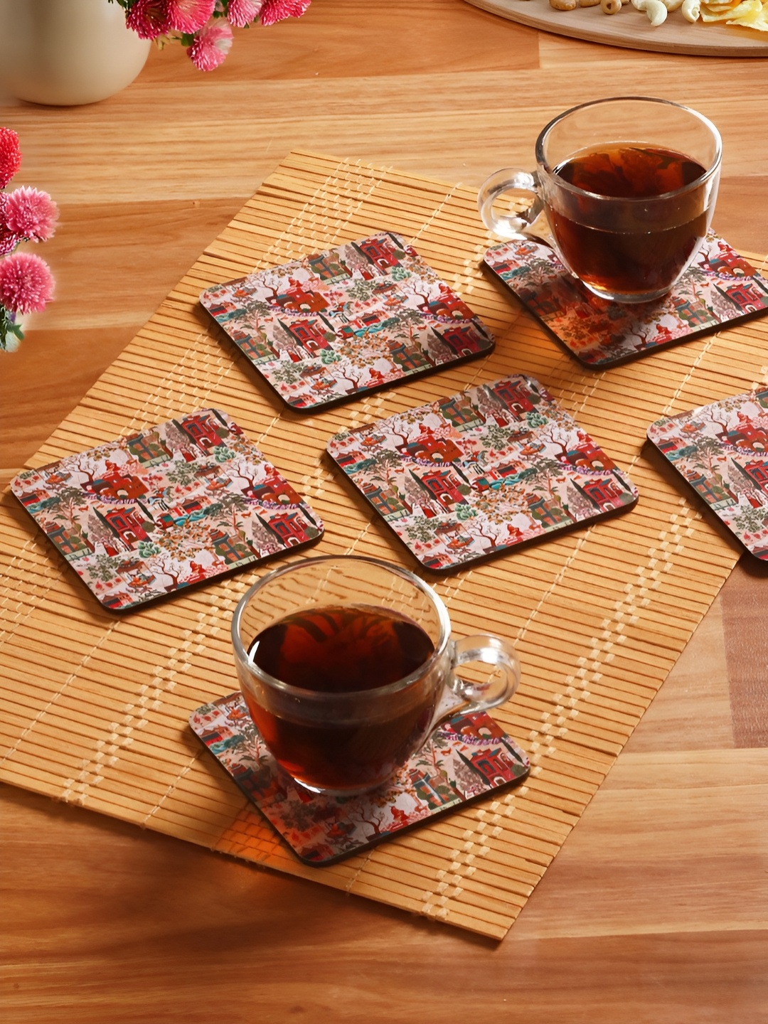 

Homspurts Life in colours Red & Peach-Coloured 6 Pieces Printed Wooden Coasters