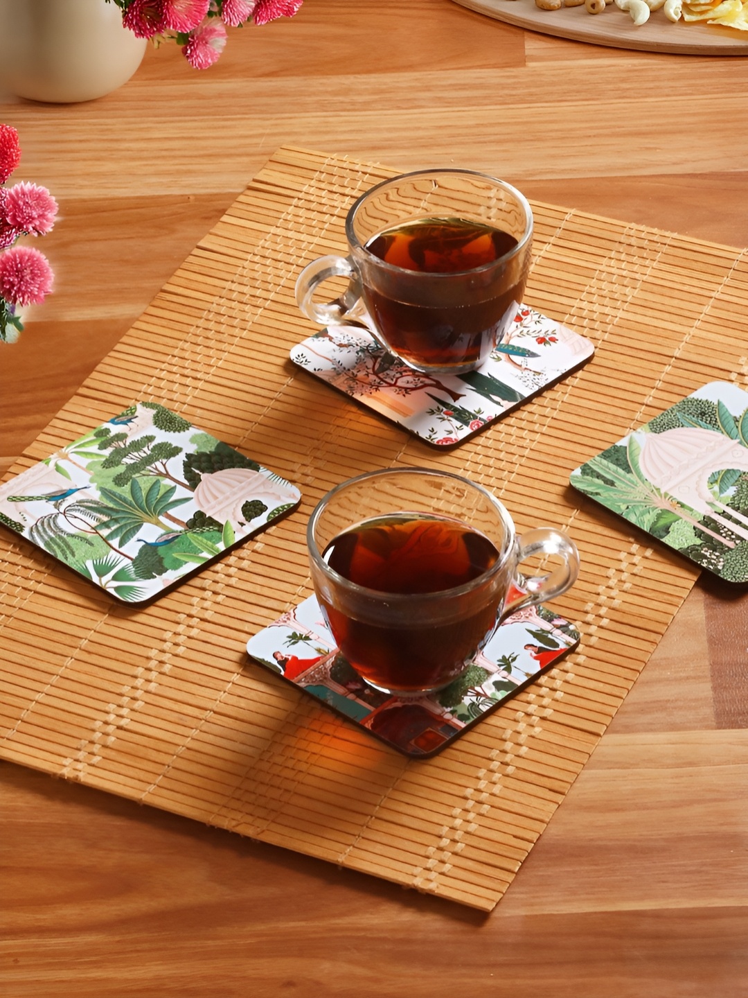 

Homspurts Green & Pink 4 Pieces Mughal Garden Printed Wooden Coaster