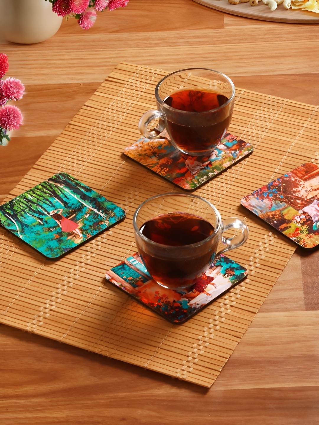 

Homspurts Colourful Life Yellow & Turquoise Blue 4 Pieces Printed Wooden Coaster