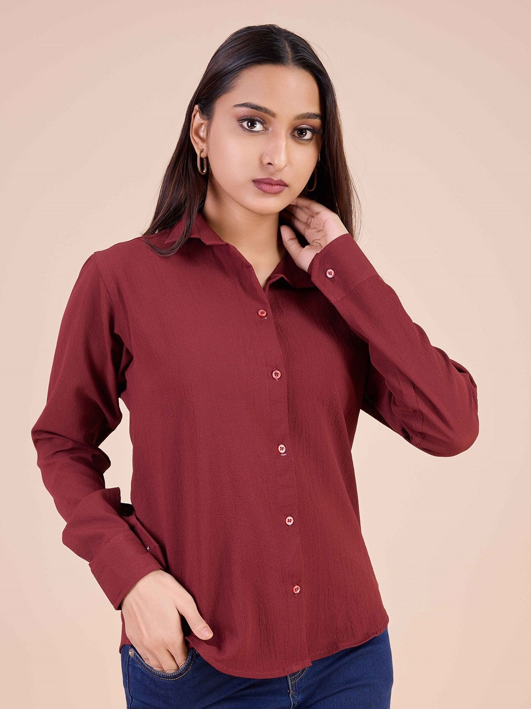 

choiceit Women Spread Collar Solid Casual Shirt, Burgundy