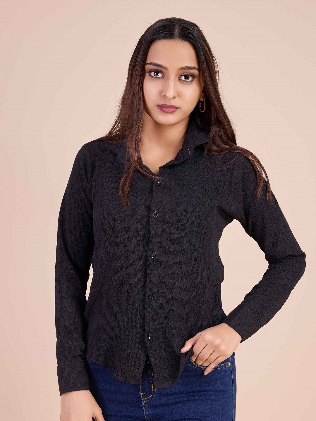 

choiceit Women Spread Collar Solid Casual Shirt, Black