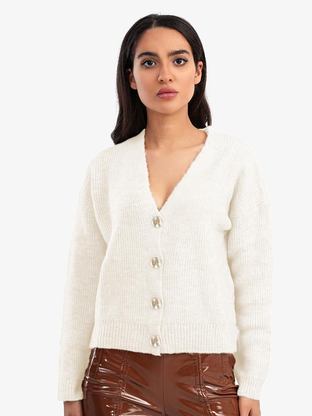 

Kotty Women Ribbed V-Neck Cardigan, White