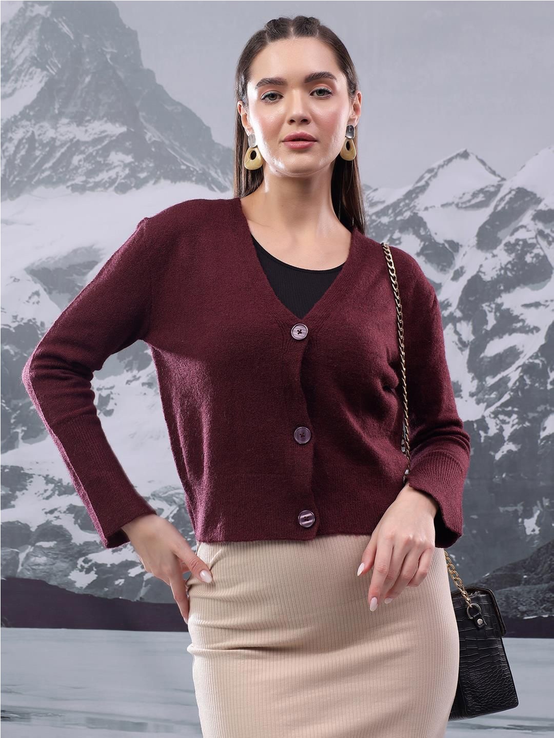 

Kotty Women V - Neck Cardigan Sweater, Maroon