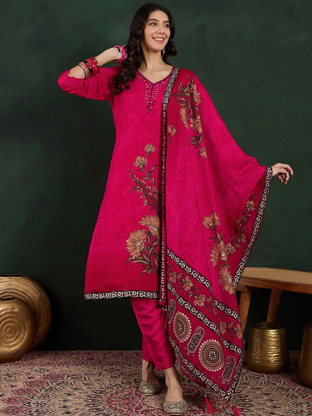 

Sangria Pink Floral Printed Regular Mirror Work Straight Kurta With Trouser With Dupatta