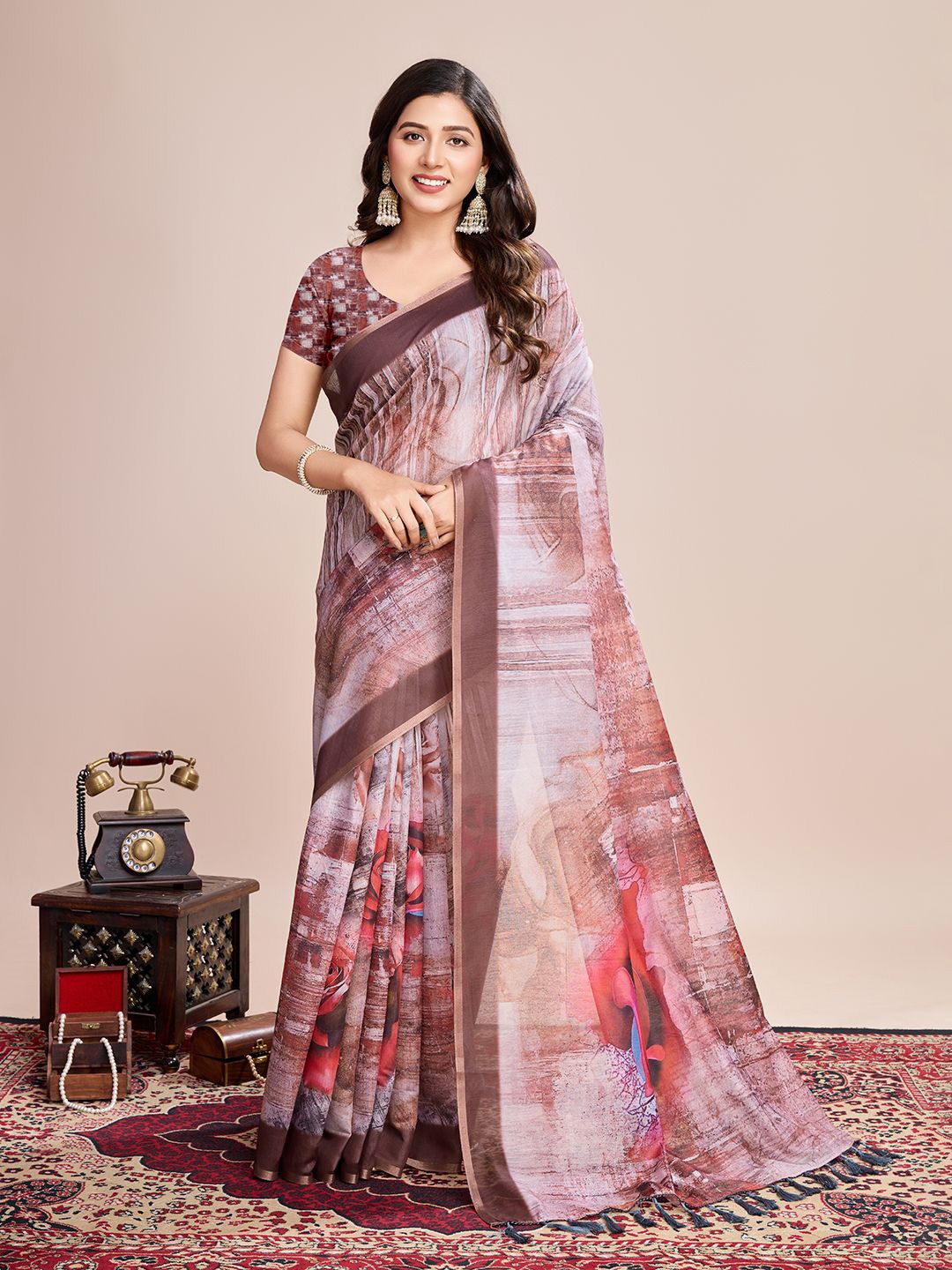 

Mitera Floral Printed Zari Saree, Brown