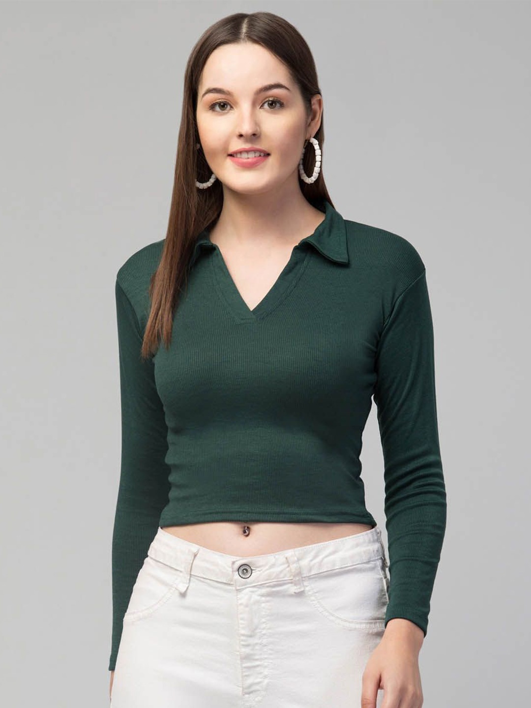 

STYLE PREZONE Women Shirt Collar Fitted Crop Top, Green