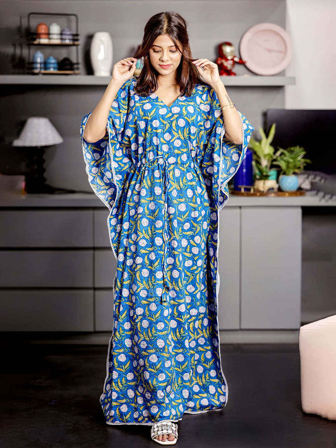 

MOTHERHOOD BY SNEHAL Printed Maternity Cotton kaftan Maxi Dress, Blue