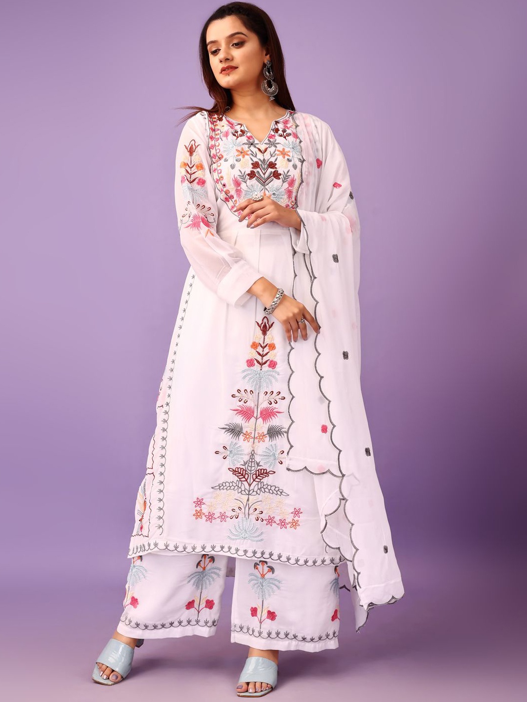 

KALINI Floral Embroidered Notch Neck Straight Kurta With Palazzos & Dupatta, White