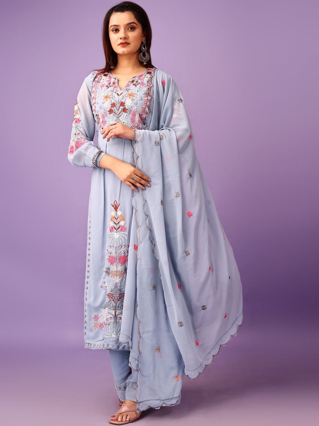 

KALINI Floral Embroidered Georgette Straight Kurta with Palazzos & Dupatta, Blue