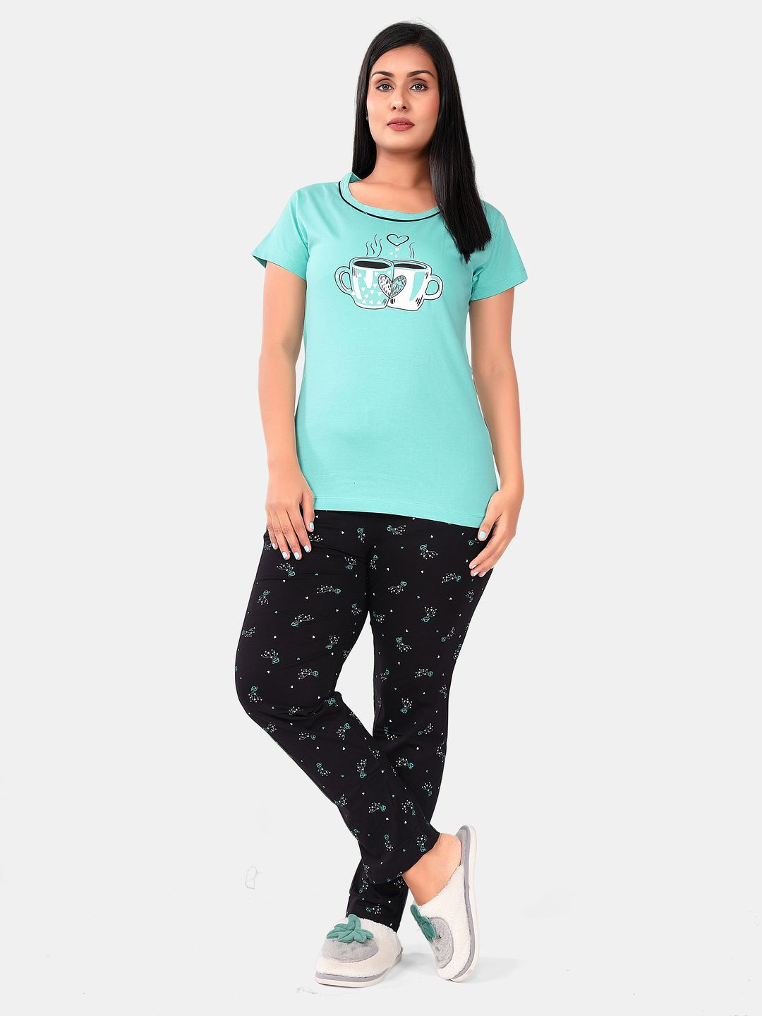 

SWEET MOON Graphic Printed Round Neck Short Sleeves T-Shirt With Pyjama, Turquoise blue