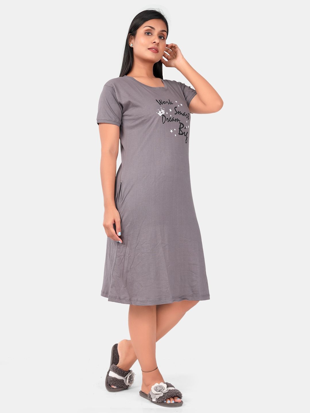 

SWEET MOON Graphic Printed Round Neck Short Sleeves Nightdress, Grey
