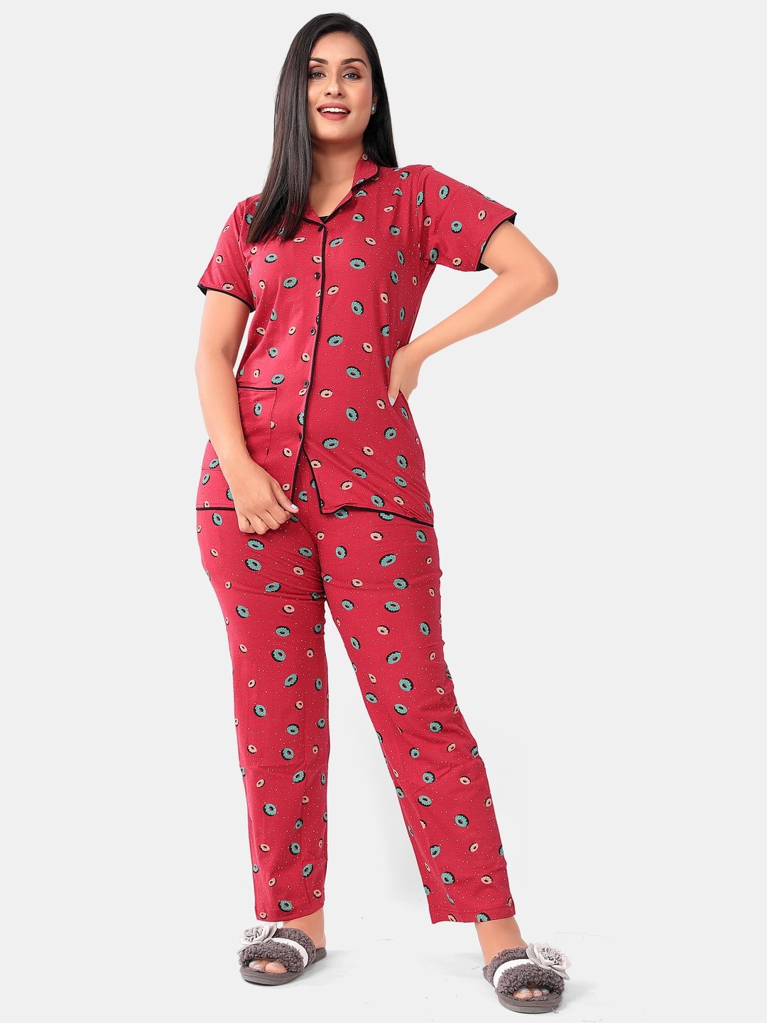 

SWEET MOON Graphic Printed Lapel Collar Short Sleeves Shirt With Pyjama, Red