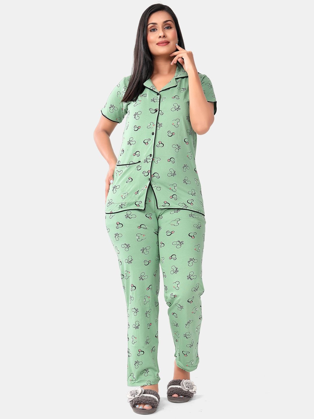 

SWEET MOON Graphic Printed Lapel Collar Short Sleeves Shirt With Pyjama, Green