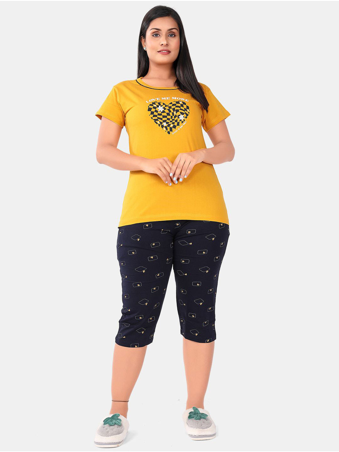 

SWEET MOON Graphic Printed Round Neck Short Sleeves T-Shirt With Capri, Yellow