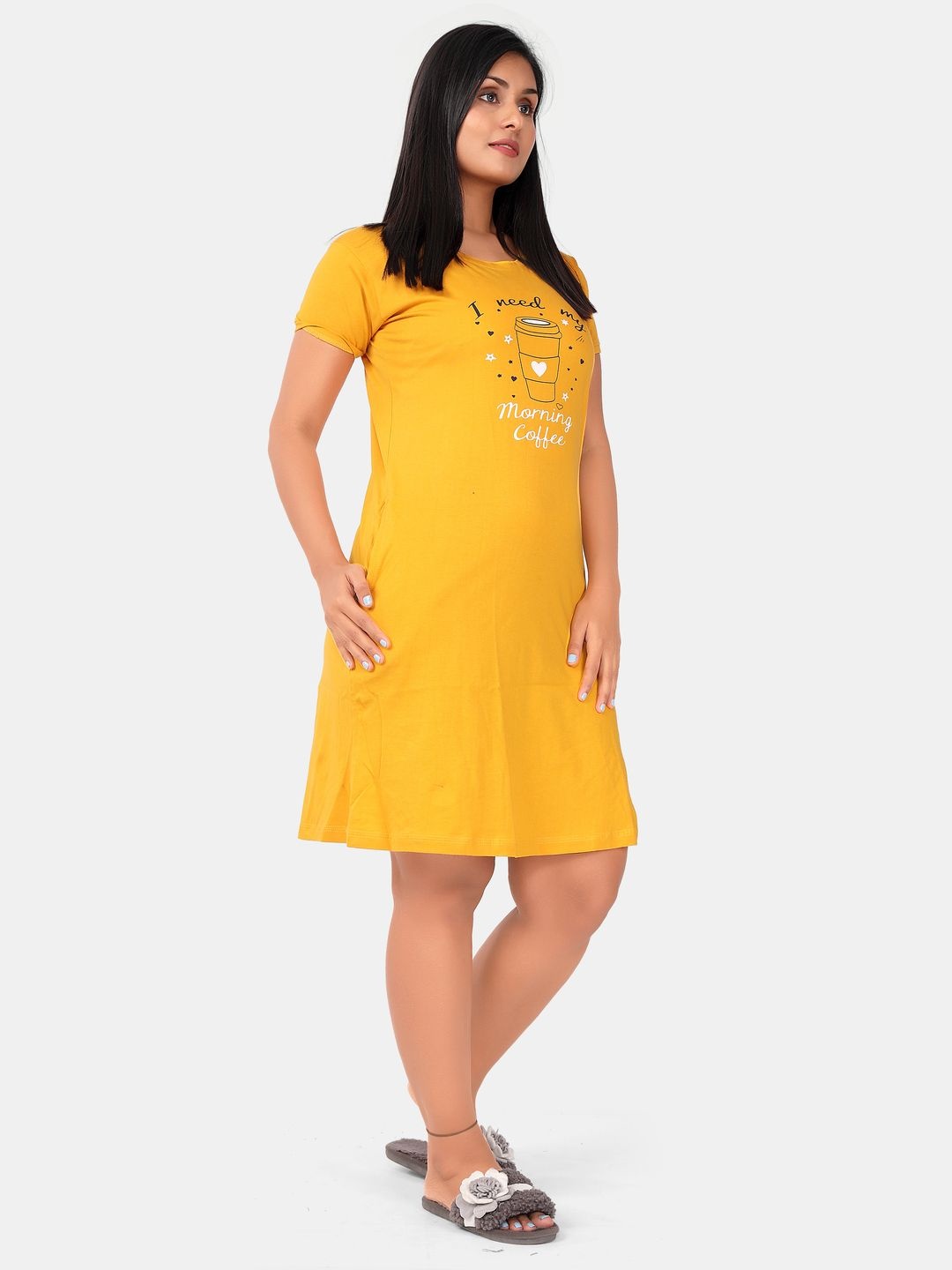 

SWEET MOON Graphic Printed Round Neck Short Sleeves Nightdress, Mustard