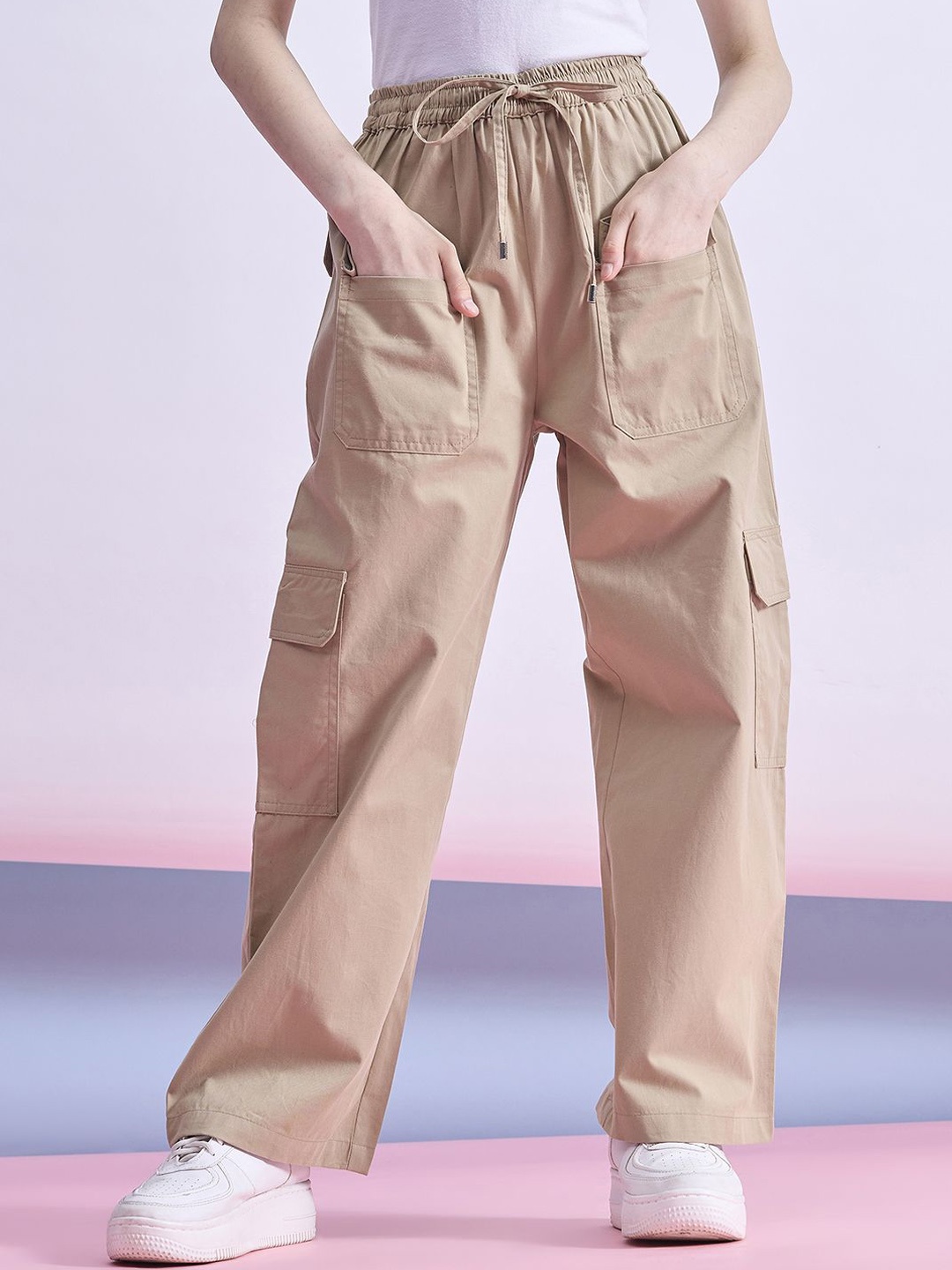

Stylo Bug Girls Smart High-Rise Cargos CottonTrousers, Beige