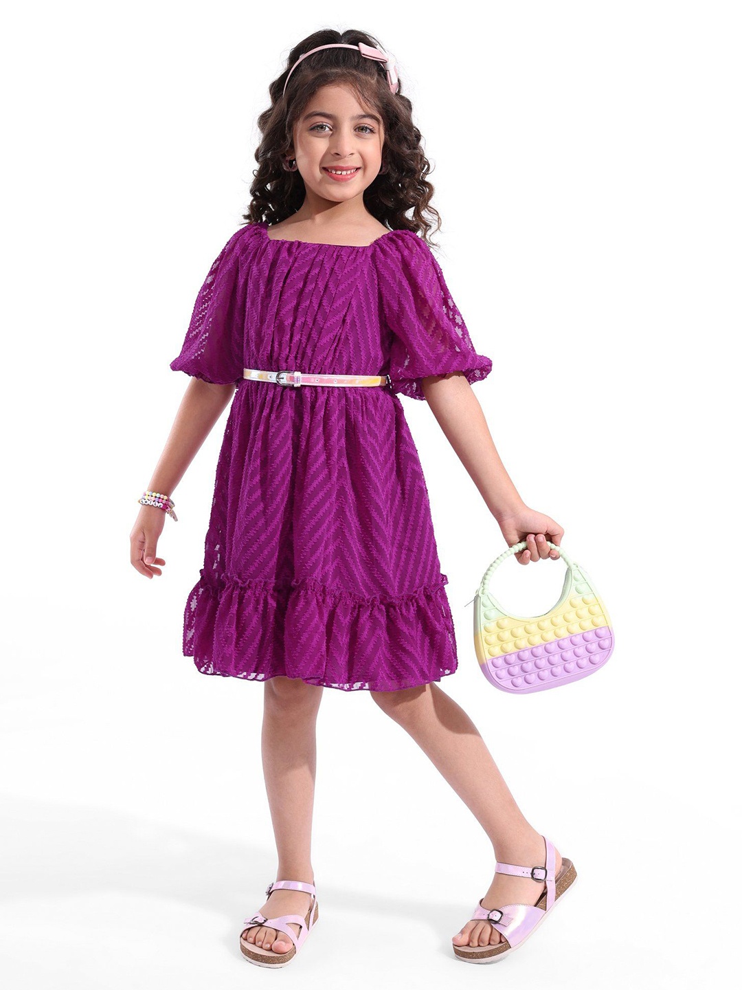 

Hola Bonita Girls Printed Square Neck Blouson Dress, Purple