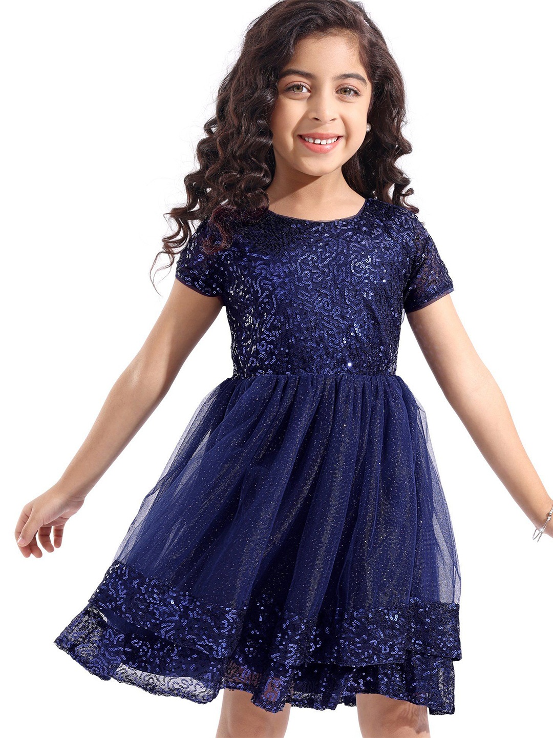 

Hola Bonita Girls Embellished Fit and Flare Dress, Navy blue