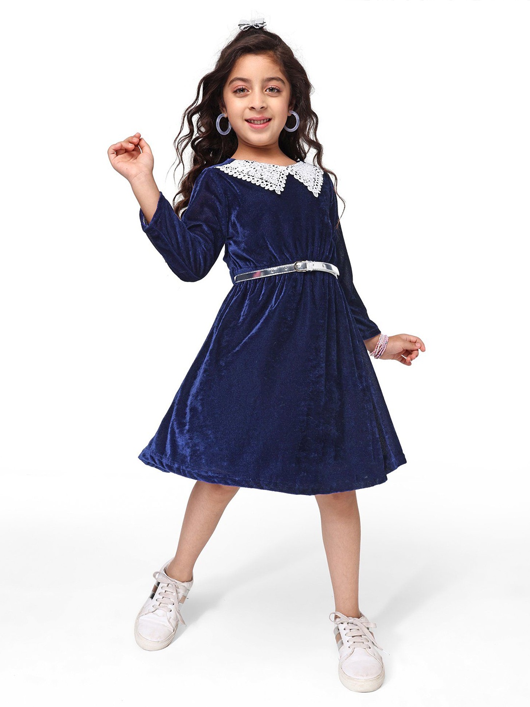 

Hola Bonita Girls Peter Pan Collar Velvet A-Line Dress, Navy blue
