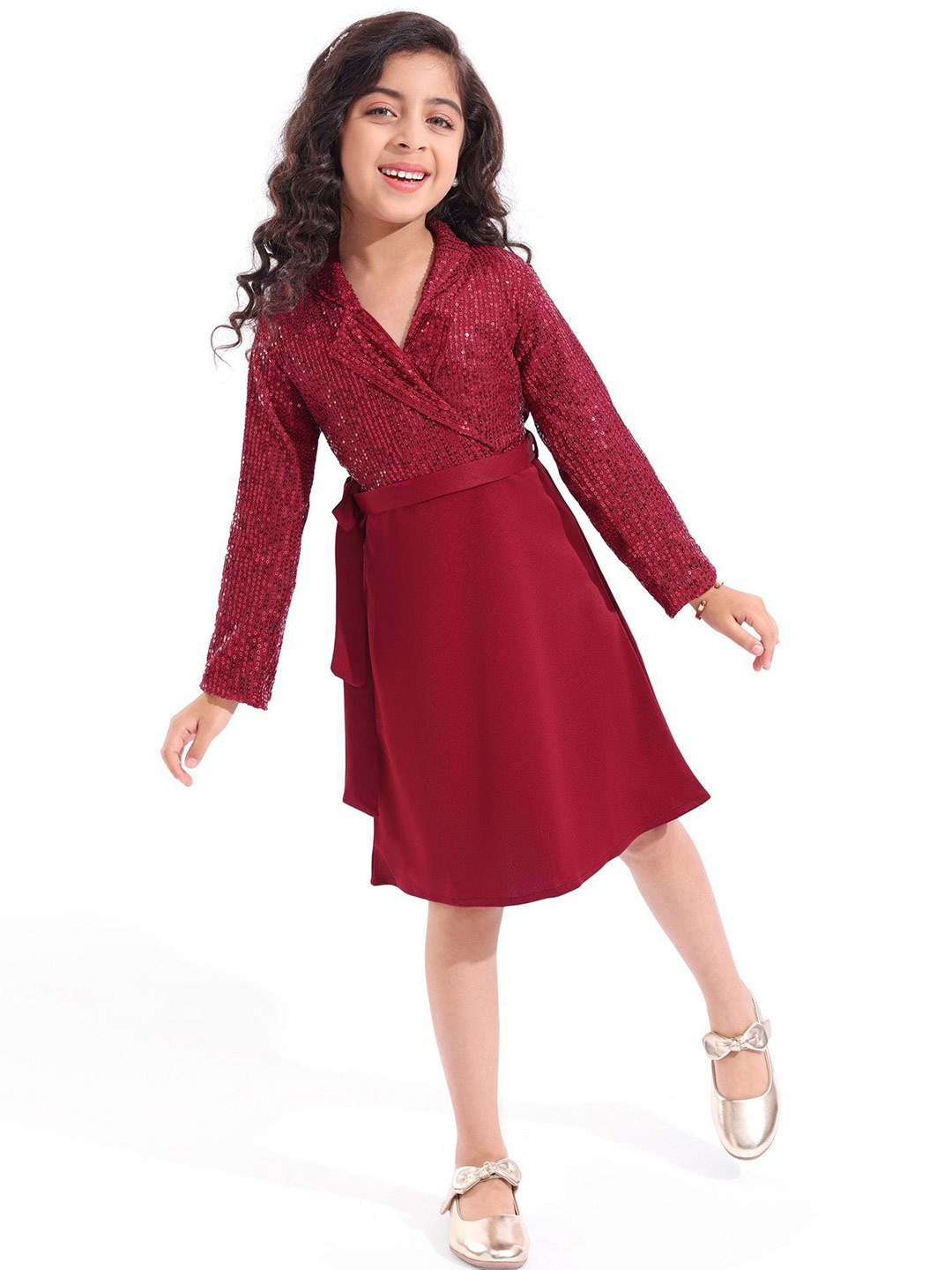 

Hola Bonita Girls Embellished Sequined Wrap Dress, Maroon