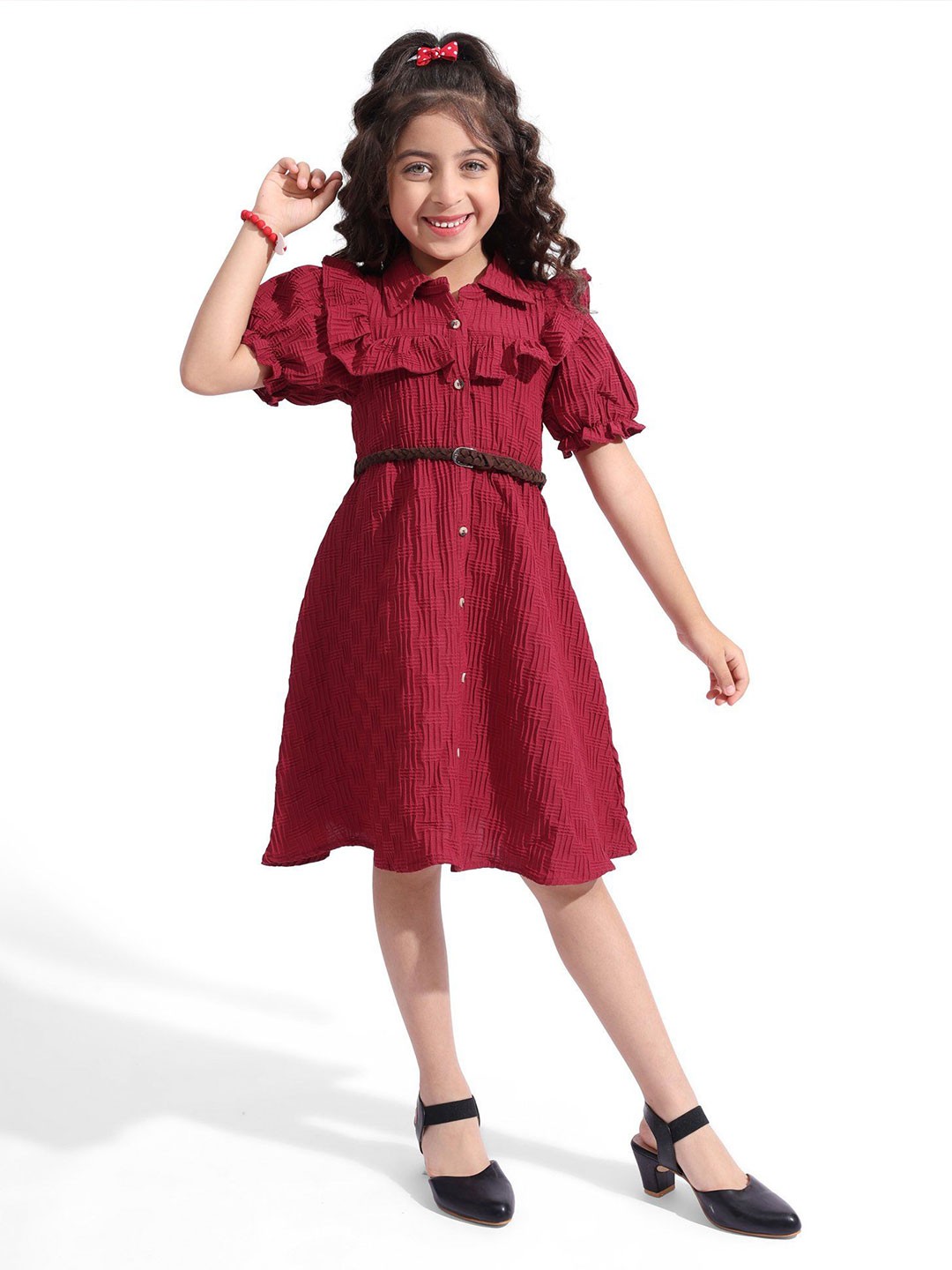 

Hola Bonita Girls Puff Sleeve Shirt Dress, Maroon