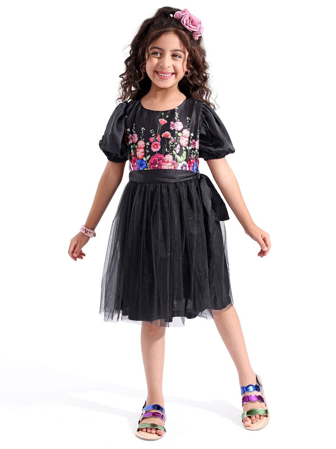 

Hola Bonita Girls Floral Print Satin Fit and Flare Dress, Black