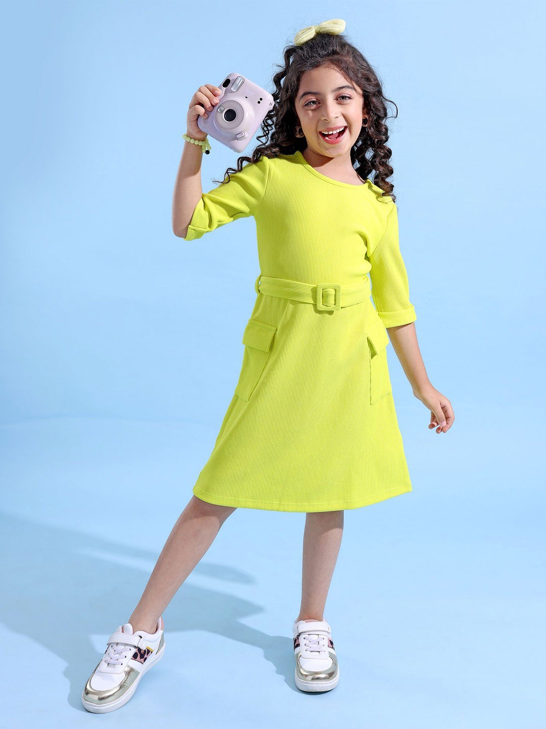 

Hola Bonita Girls A-Line Dress With Belt, Lime green