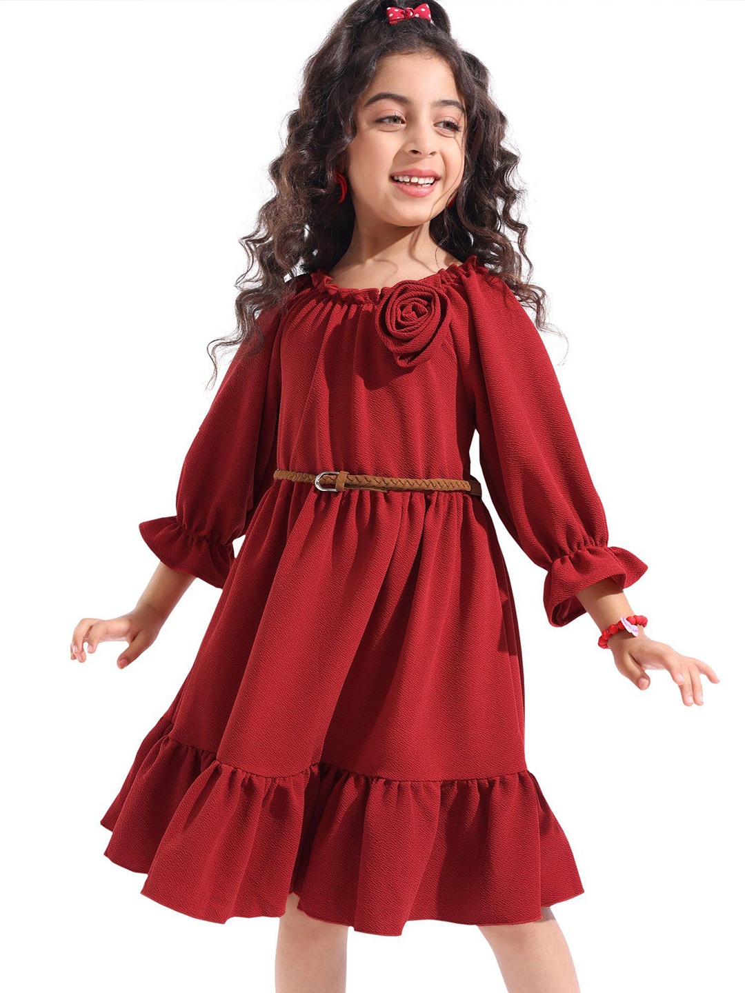 

Hola Bonita Girls Puff Sleeve Fit & Flare Dress, Burgundy