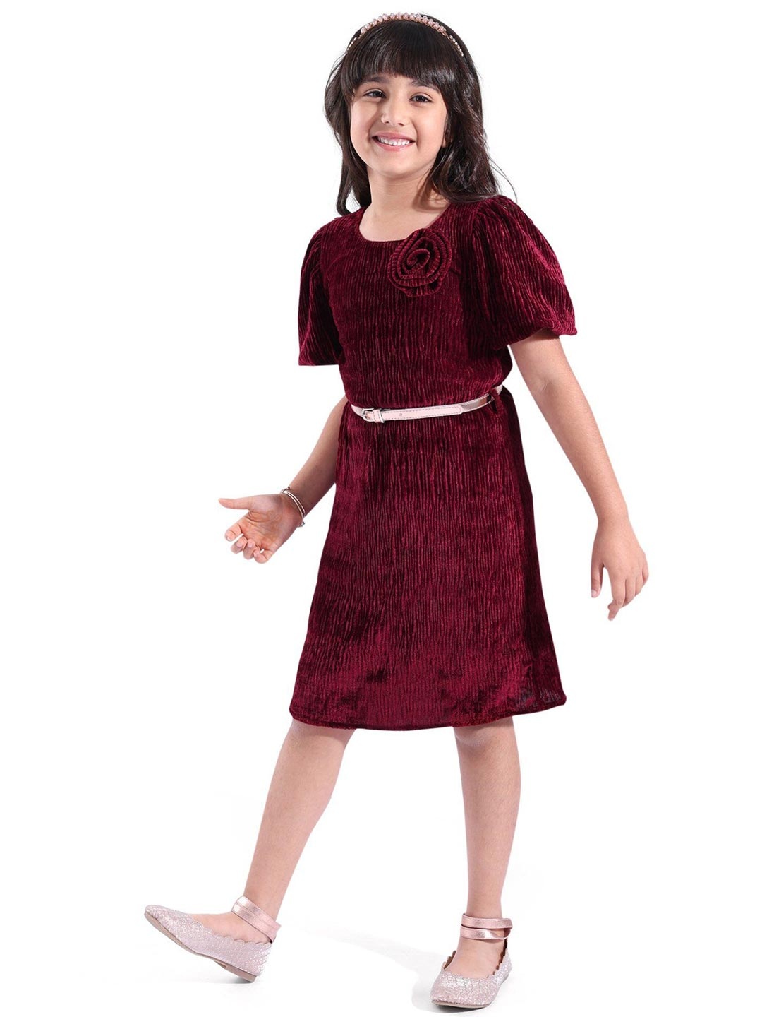 

Hola Bonita Girls Floral Applique Velvet Dress, Maroon