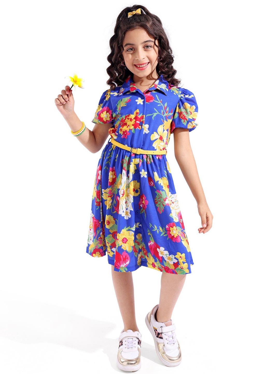 

Hola Bonita Girls Floral Printed Shirt Dress Comes with a belt, Blue